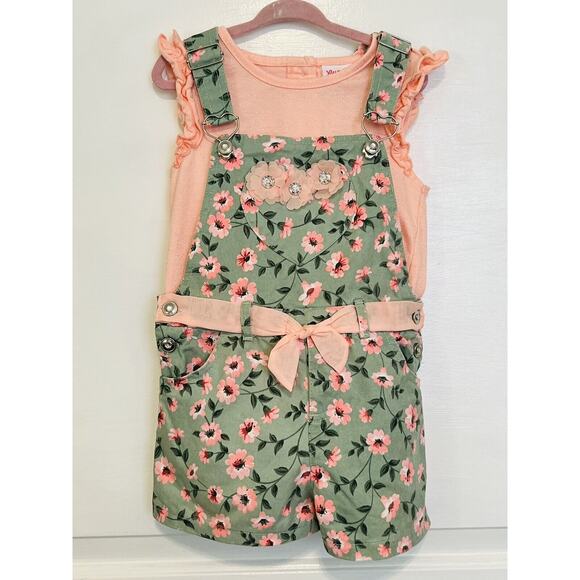 LITTLE LASS Girls 2 Piece Outfit Set Overalls Shortalls Designer Floral Denim 6 - Picture 1 of 7
